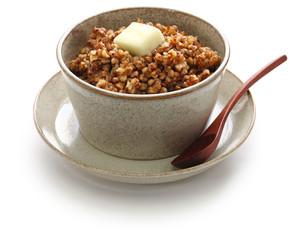 kasha, buckwheat porridge, russian traditional food isolated on white background