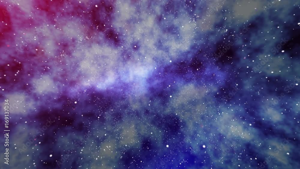Poster flying through a deep colorful outer space star field and nebula background.