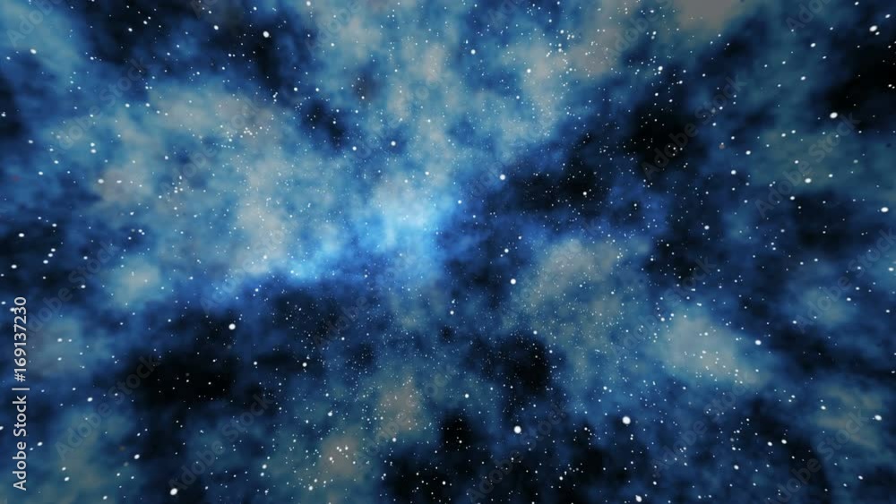 Poster rotation flying through a deep blue outer space star field and nebula background.