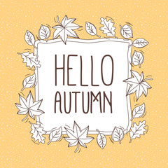 Vector banner with linear leaves. Hello Autumn.
