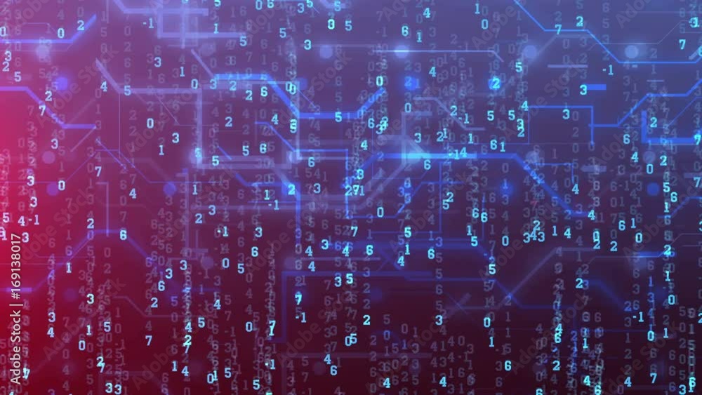 Poster abstract circuit board connection animation and falling down digital numbers. internet technology co
