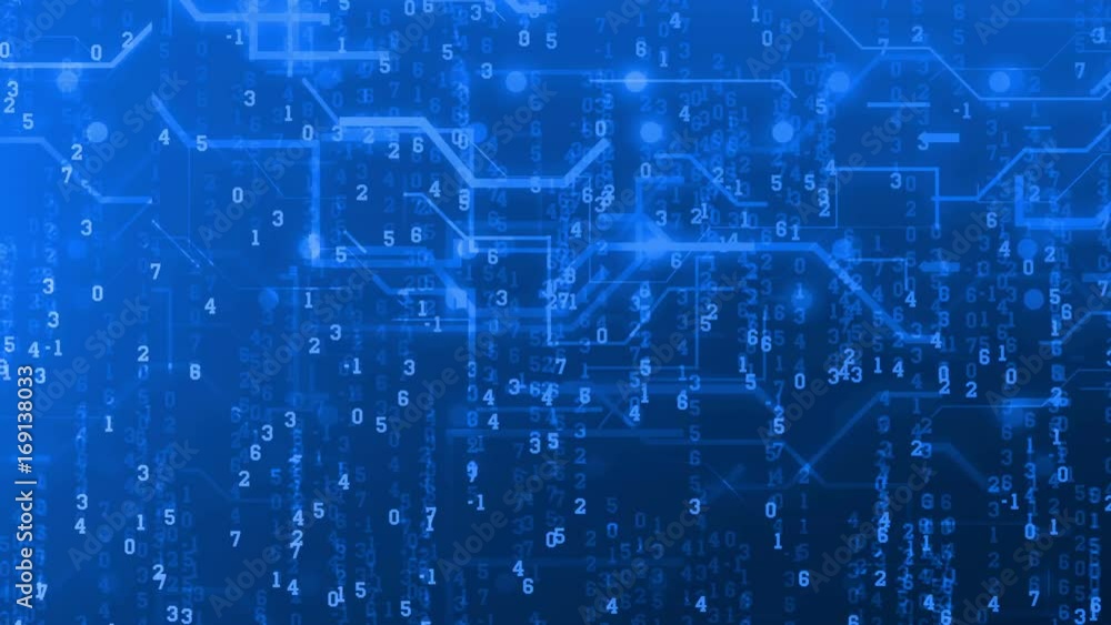 Poster abstract circuit board connection animation and falling down digital numbers with a blue background.