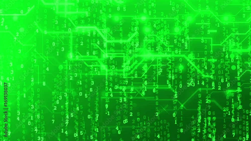 Poster abstract circuit board connection animation and falling down digital numbers with a green background