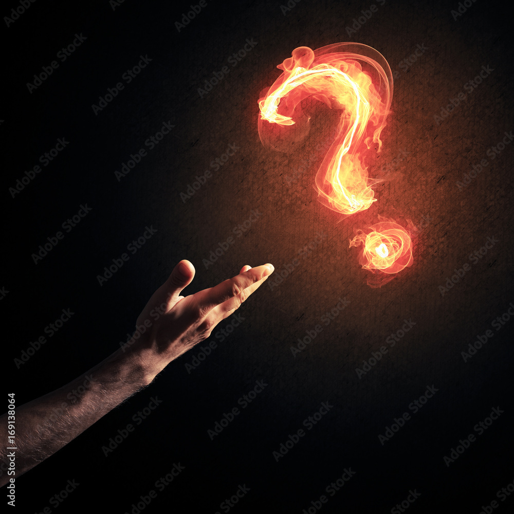 Poster concept of help or support with fire burning question mark and c