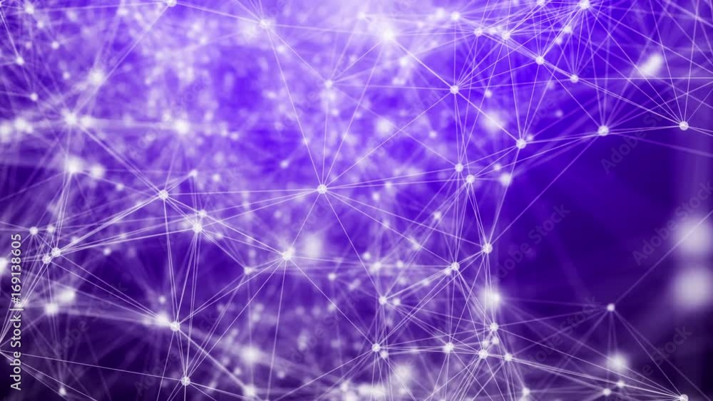 Poster flying through plexus fantasy abstract technology network with a violet background. seamless loop.