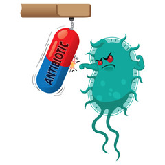 Cartoon representation of a superbug a microorganism, being strong and tough because of drug or antibiotic. Ideal for informative and medicinal materials