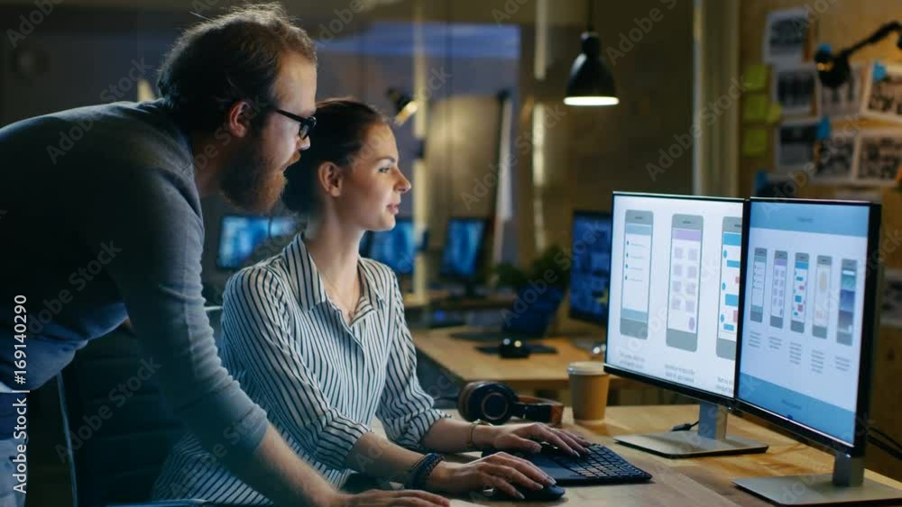 Poster female ux architect has discussion with male design engineer, they work on mobile application late a
