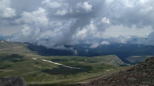 View from the top of Mount Evans in Colorado, United States in time lapse.