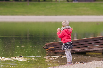 Fototapeta na wymiar young girl standing on the watershore looking at small ducklings