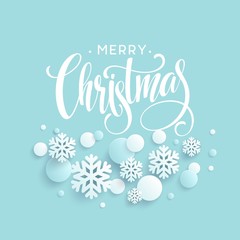 Merry Christmas blue background with papercraft snowflake. Greeting lettering card. Vector illustration