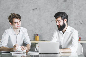 Two cheerful businessmen working on project together