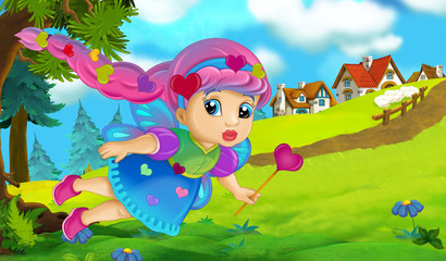 Cartoon background of fairy flying in the forest near the village - illustration for children
