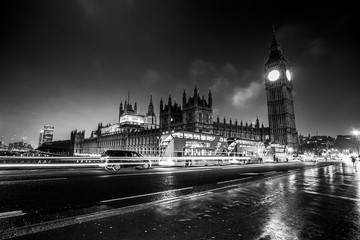 Westminster Bridge with Houses of Parliament and Big Ben at night - LONDON / GREAT BRITAIN - DECEMBER 6, 2017