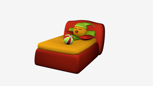 putziges Emoticon schläft im roten Boxspringbett. 3d-Rendering auf weiß isoliert
