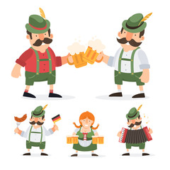 Oktoberfest. Funny cartoon characters in folk costumes of Bavaria celebrate and have fun at Oktoberfest beer festival.