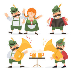 Oktoberfest. Funny cartoon characters and musicians in folk costumes of Bavaria celebrate and have fun at Oktoberfest beer festival.