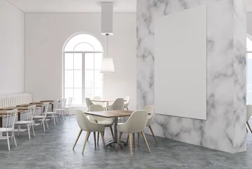 Crédence de cuisine en verre imprimé Restaurant Intérieur de restaurant blanc et marbre, affiche