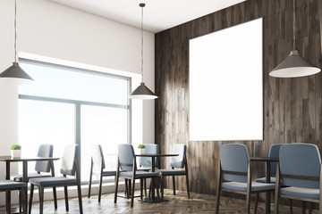 Gray chairs cafe interior with a poster, close up