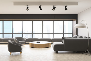 Panoramic window living room interior, armchairs