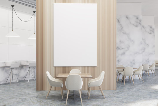 White marble and wood luxury cafe with a poster