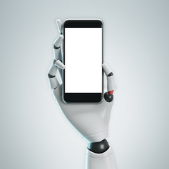 White robot hand with a smartphone, gray