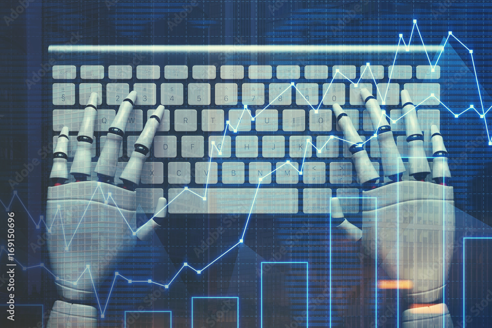 Poster top view of white robot hands on keyboard, graphs