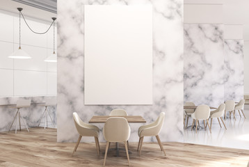 White marble luxury cafe with a poster, front