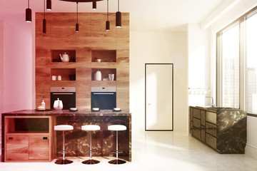 Kitchen interior with a bar and a cupboard, toned