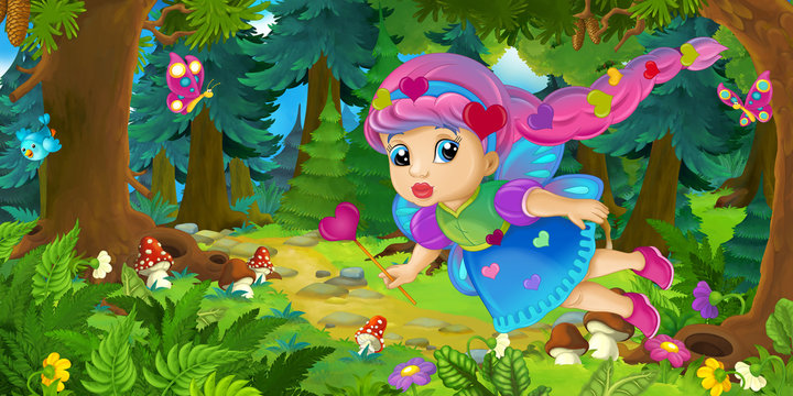 Cartoon background of fairy flying in the forest - illustration for children