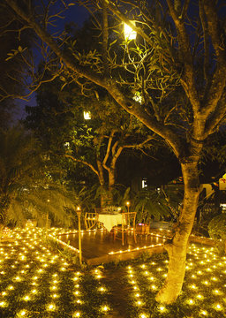 A special 500 Candel Dinner at dusk. La Residence Phou Vao hotel. Luang Prabang, Laos