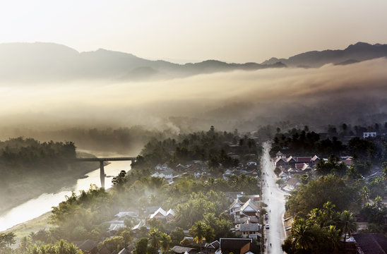 Luang Prabang at sunrise from the top of Mt. Phou Si. Luang Prabang, Laos