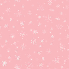 White snowflakes seamless pattern on pink Christmas background. Chaotic scattered white snowflakes. Wondrous Christmas creative pattern. Vector illustration.