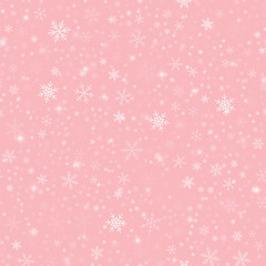 White snowflakes seamless pattern on pink Christmas background. Chaotic scattered white snowflakes. Dazzling Christmas creative pattern. Vector illustration.