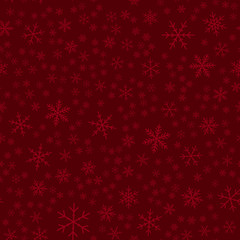 Naklejka na ściany i meble Transparent snowflakes seamless pattern on wine red Christmas background. Chaotic scattered transparent snowflakes. Exceptional Christmas creative pattern. Vector illustration.