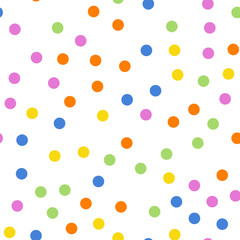 Colorful polka dots seamless pattern on white 2 background. Classy classic colorful polka dots textile pattern. Seamless scattered confetti fall chaotic decor. Abstract vector illustration.