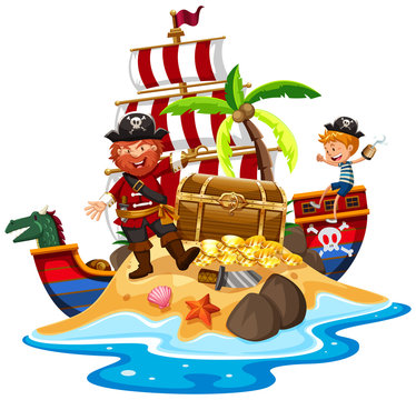 Pirate and ship at treasure island