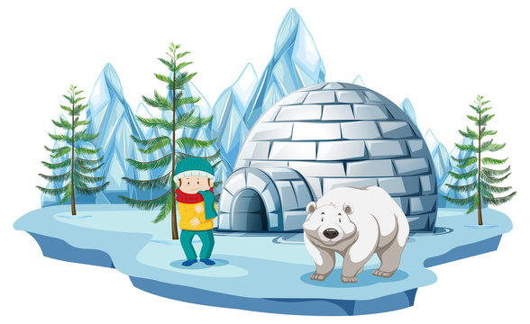 Arctic scene with boy and polar bear by igloo