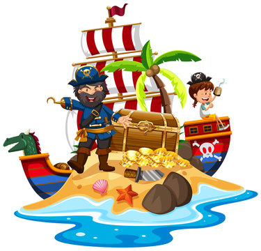 Pirate and ship at the treasure island