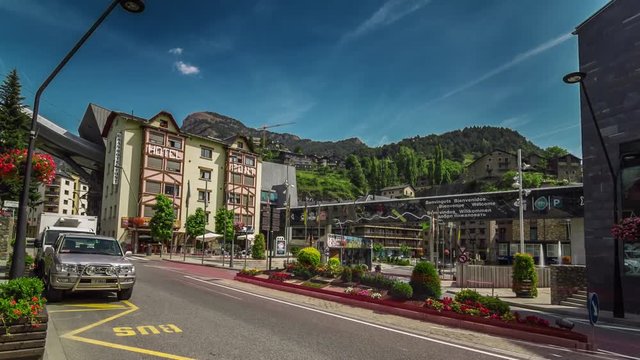 Hyperlapse of beautiful square with city traffic in La Massana, Andorra.