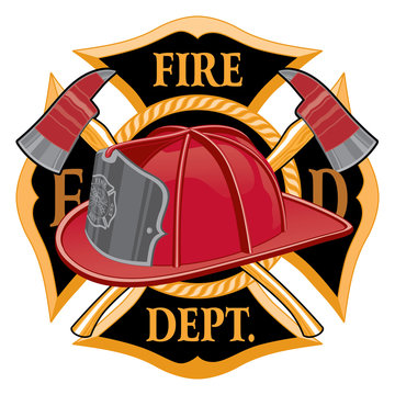 Fire Department Cross Symbol is an illustration of a fireman or firefighter Maltese cross emblem with a firefighter helmet and firefighter axes in the foreground.