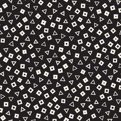 Seamless primitive jumble minimalism patterns. Randomly scattered geometric shapes. Abstract background design