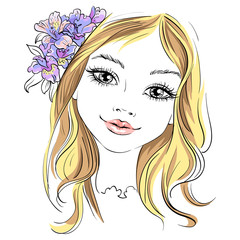 Hand drawn beautiful girl with flower in hair. Vector illustration. T-shirt print