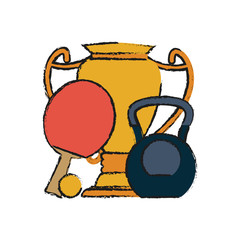 Colorful trophy and sports equipment doodle over white background vector illustration