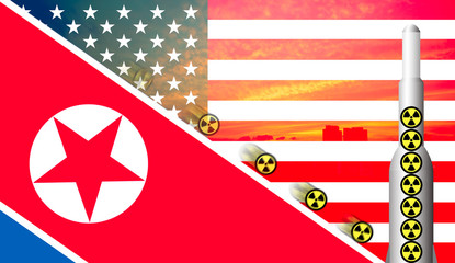 Nuclear weapons ready to launch. Flag of USA and North Korea.