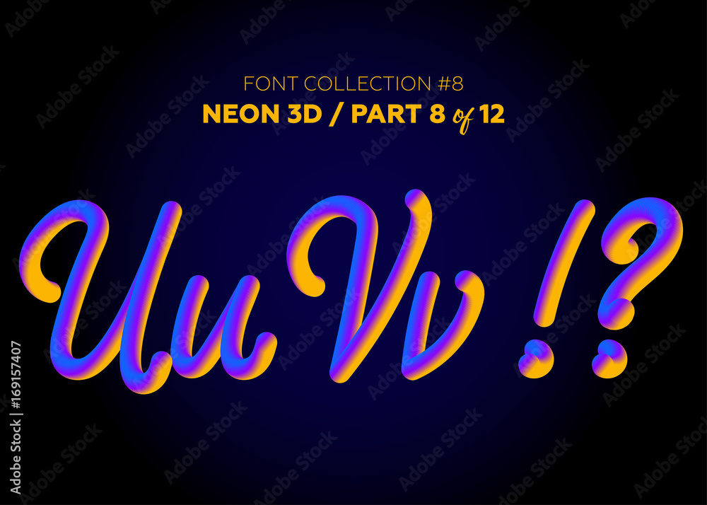 Fototapete neon 3d typeset with rounded shapes. font set of painted letters. matte liquid purple and yellow col