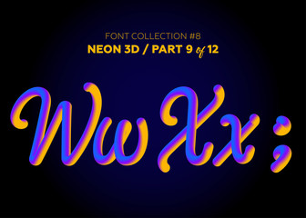 Neon 3D Typeset with Rounded Shapes. Font Set of Painted Letters. Matte Liquid Purple and Yellow Colors.