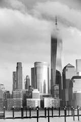 Black and white cloudy day of lower Manhattan New York