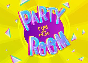 Party Room Cartoon Inscription on Colorful Yellow Background with Geometric Background.