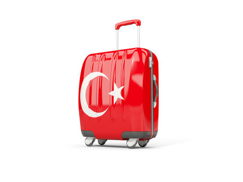 Luggage with flag of turkey. Suitcase isolated on white