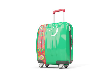 Luggage with flag of turkmenistan. Suitcase isolated on white